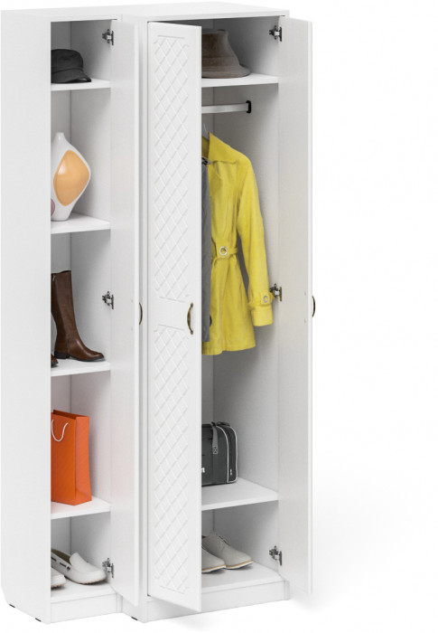 Прихожая П-6 Шкаф + Пенал, белая шагрень/фасады МДФ белое дерево фрезеровка ромб