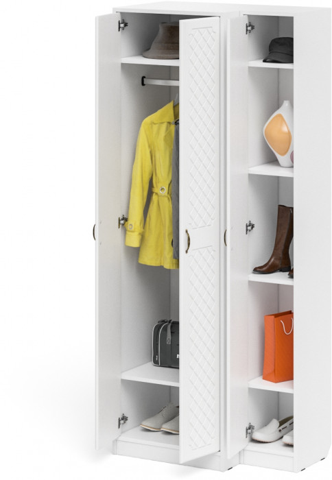 Прихожая П-6 Шкаф + Пенал, белая шагрень/фасады МДФ белое дерево фрезеровка ромб