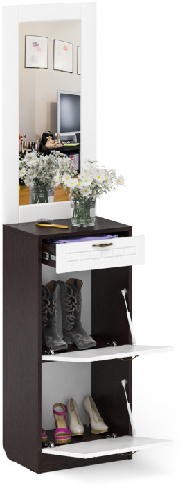 Прихожая П-6 Тумба для обуви 2 секции + Зеркало, цвет венге/фасады МДФ белое дерево фрезеровка прованс, ШхГхВ 50х35х210 см.