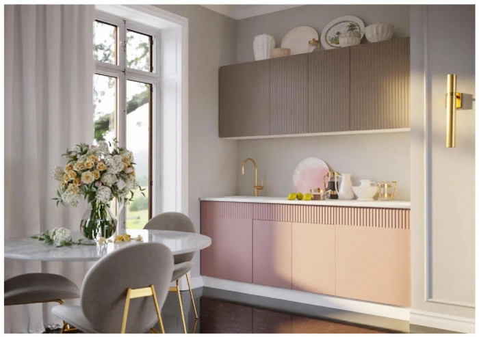 Кухня МДФ Оливия 2000 (Шарли Мокко/Шарли Пинк, Белый)