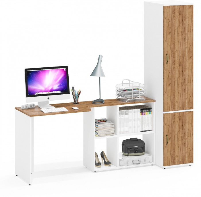 Лидер-8 Стол + Пенал МД 23Б, белый шагрень/крафт золото