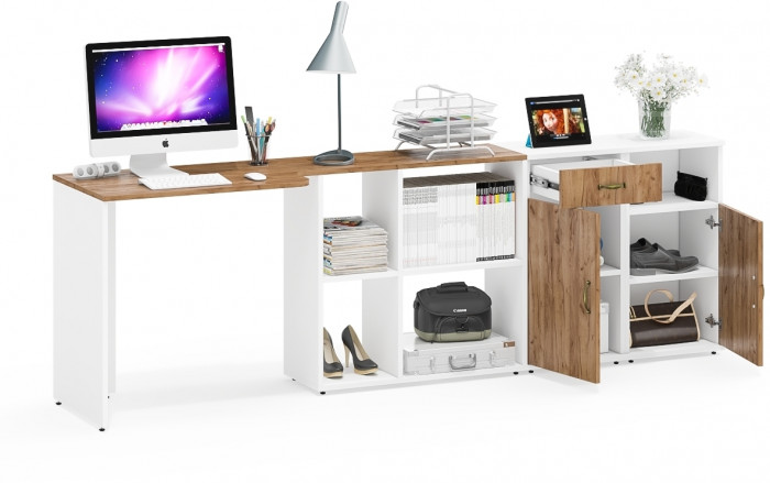 Лидер-8 Стол + Тумба МД 3.15 + Тумба МД 3.19, белый шагрень/крафт золото