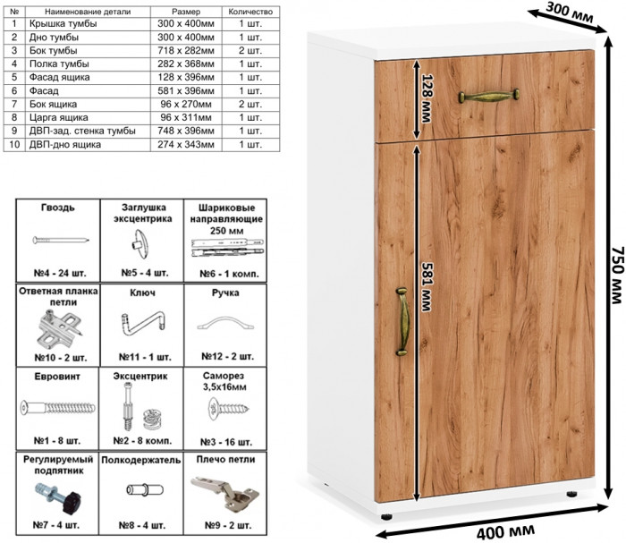 Лидер-8 Пенал МД 21Б + Тумба МД 3.15, белый шагрень/крафт золото
