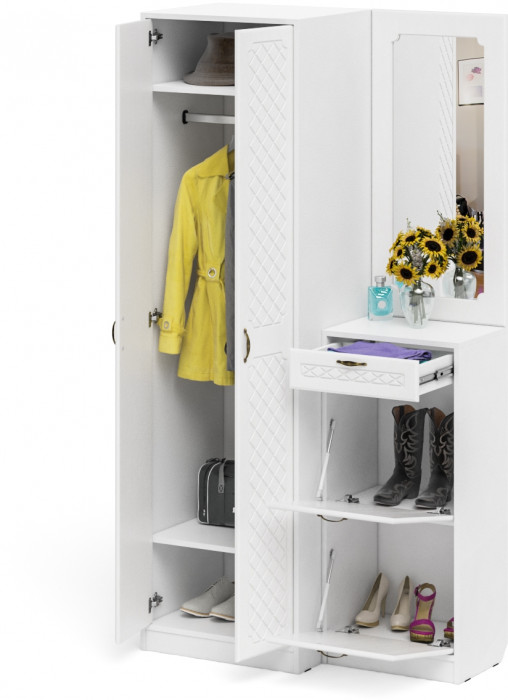 Прихожая П-6 Компоновка № 17, цвет белая шагрень/фасады МДФ белое дерево фрезеровка ромб, ШхГхВ 110х50х210 см., универсальная сборка