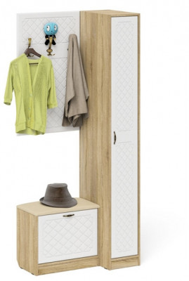 Прихожая П-6 Компоновка № 41, цвет дуб сонома/фасады МДФ белое дерево фрезеровка ромб, ШхГхВ 90х50х210 см., универсальная сборка