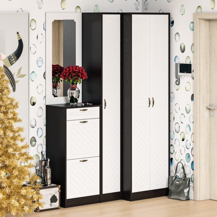 Прихожая П-6 Тумба для обуви 2 секции + Зеркало, цвет венге/фасады МДФ белое дерево фрезеровка ромб, ШхГхВ 50х35х210 см.