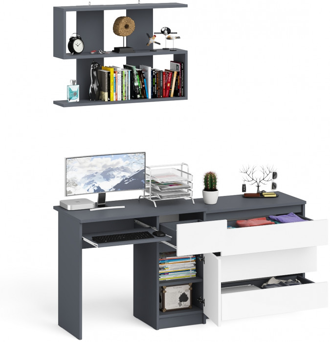 Мори компьютерный стол МС-1 правый + Комод МК800.1 + Полка 900, графит/белый