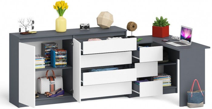Мори компьютерный стол МС-16 левый + Комод МК1600.1, графит/белый
