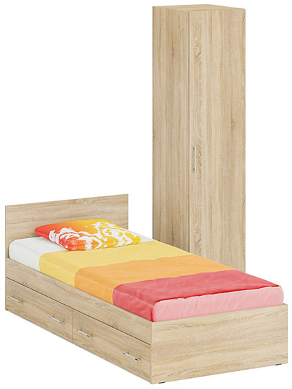 Кровать с ящиками 0900 + Пенал Стандарт, цвет дуб сонома, ШхГхВ 93,5х203,5х70 + 45х52х200 см., сп.м. 900х2000 мм., без матраса, основание есть