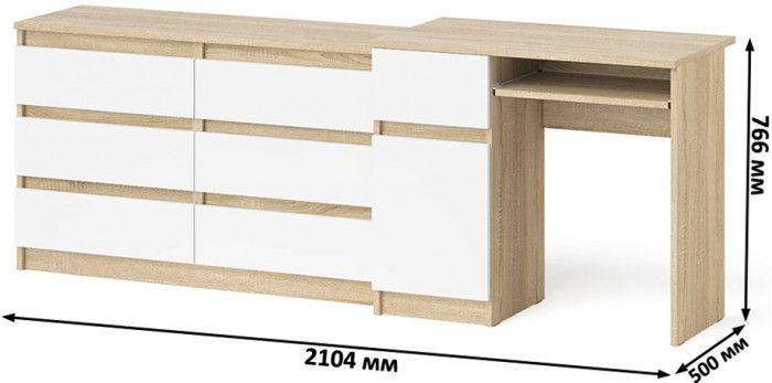 Мори Стол компьютерный МС-1 левый + Комод МК1200.6, цвет дуб сонома/белый, ШхГхВ 210,4х50х76,6 см., выдвижной ящик слева, НЕ универсальная сборка