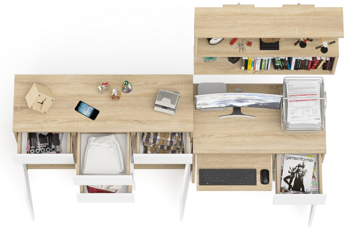 Мори Стол компьютерный МС-1 правый + Комод МК1200.4 + Полка 900, цвет дуб сонома/белый, ШхГхВ 210,4х50х209,6 см., НЕ универсальная сборка