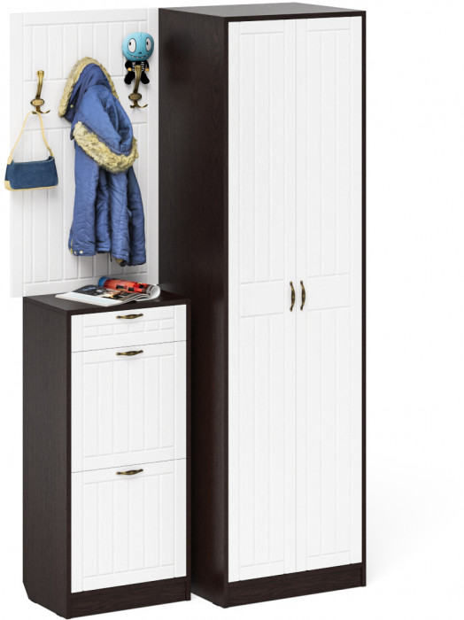 Прихожая П-6 Компоновка № 18, цвет венге/фасады МДФ белое дерево фрезеровка прованс, ШхГхВ 120х50х210 см., универсальная сборка