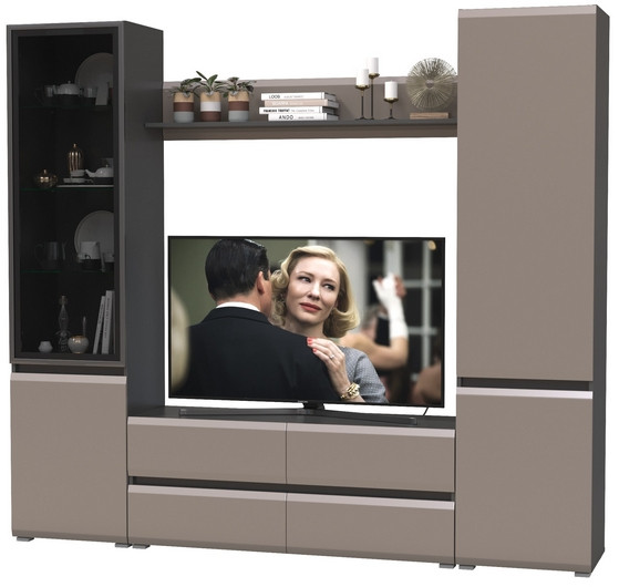 Сидней Комплектация № 050, цвет корпус: антрацит/фасады: МДФ веллюто капучино, ШхГхВ 229,9х41,3х205,2 см., ниша для ТВ 129х41х98 см., универс. сборка