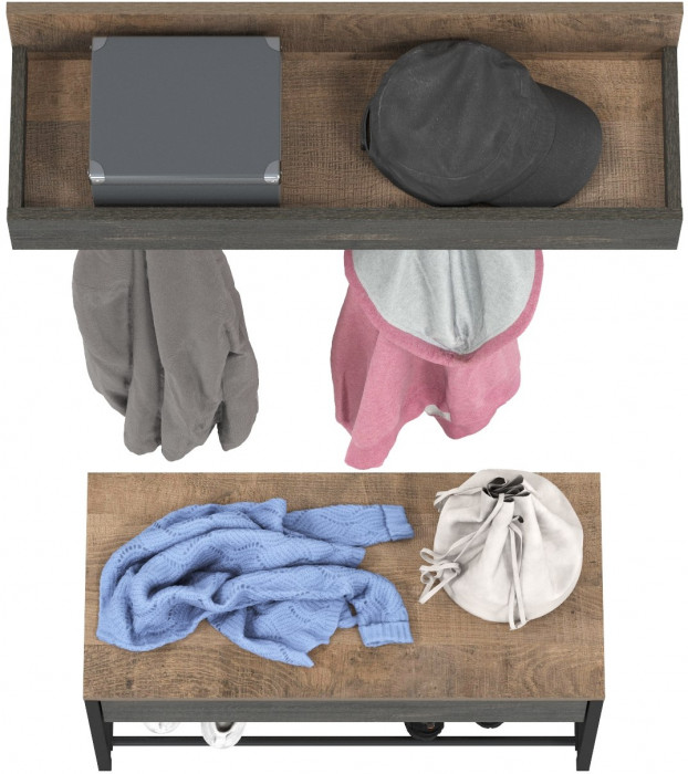 Трувор 13.241.03 Тумба для обуви + 15.04 Вешалка, цвет дуб гранж песочный/интра, ШхГхВ 80х36,6х195 см.