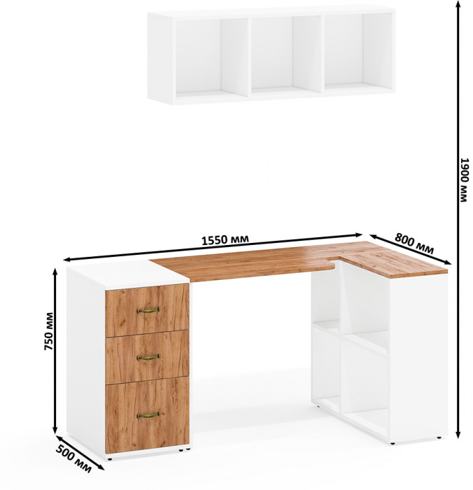 Лидер-8 Стол + Полка + Тумба МД 3.16, цвет белый шагрень/крафт золото, ШхГхВ 205х50/30х75/190 или 155х80/50х75/190 см., НЕ универсальная сборка