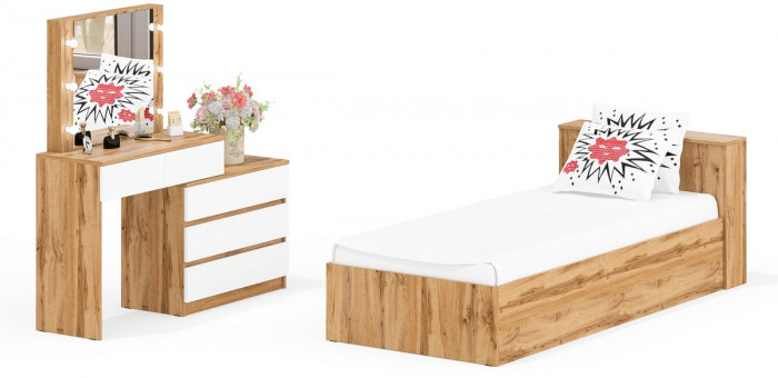 Ксения Кровать с ящиками 0900 + Стол косметический с подсветкой 110, дуб вотан/белый