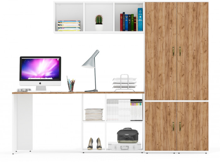 Лидер-8 Стол + Полка + Пенал МД 21Б + Пенал МД 21Б, белый шагрень/крафт золото