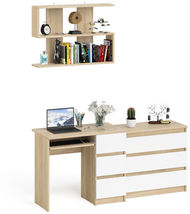 Мори компьютерный стол МС-6 правый + Комод МК800.1 + Полка 900, дуб сонома/белый