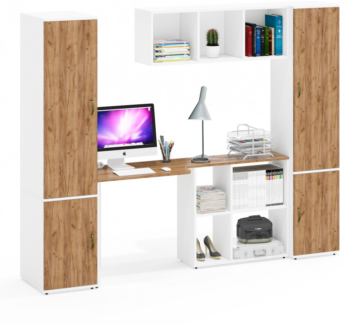 Лидер-8 Пенал МД 23Б + Стол + Полка + Пенал 22Б, цвет белый шагрень/крафт золото, ШхГхВ 245х50/37,5х75/190 или 155х120/50х75/190 см., НЕ ун.сб.