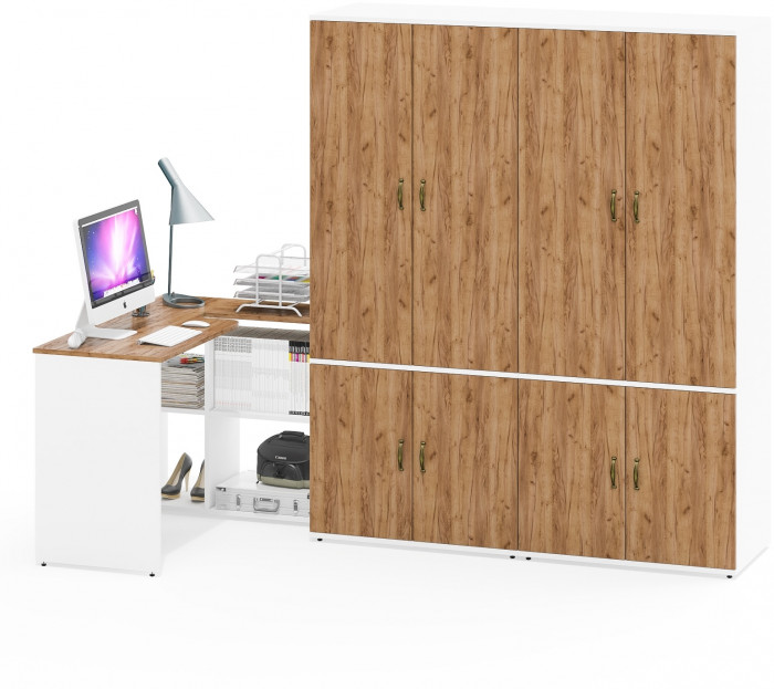 Лидер-8 Стол + Шкаф МД 19Б + Шкаф МД 19Б, цвет белый шагрень/крафт золото, ШхГхВ 325х50х75/190 или 240х115/50х75/190 см., НЕ ун. сборка