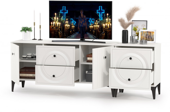 Валенсия Гостиная 16.45 Тумба под ТВ + 13.291 Тумба, цвет ЛДСП белый шагрень/МДФ белый шагрень, ШхГхВ 182,3х38,4х63,7 см.