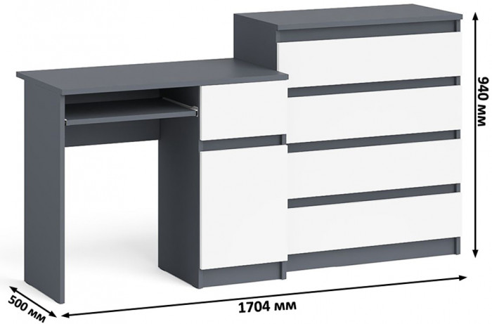 Мори компьютерный стол МС-1 правый + Комод МК800.4, графит/белый