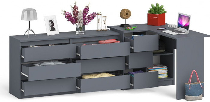 Мори Стол компьютерный МС-16 левый + Комод МК1380.6, цвет графит, ШхГхВ 262,4х84,9х76,6 см., выдвижные ящики слева, НЕ универсальная сборка
