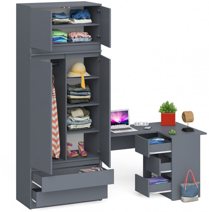 Мори Стол компьютерный МС-16 правый + Шкаф МШ900.1 + Антресоль МА900.1, цвет графит, ШхГхВ 214,8х84,9х234,2 см., выдвижные ящики справа, НЕ ун. сб.