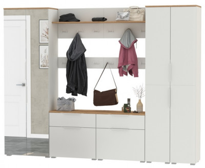 Октава Прихожая 37, цвет белый шагрень/дуб крафт золотой/фасады МДФ белый шагрень, ШхГхВ 258,6х35,4х197,6 см., универсальная сборка