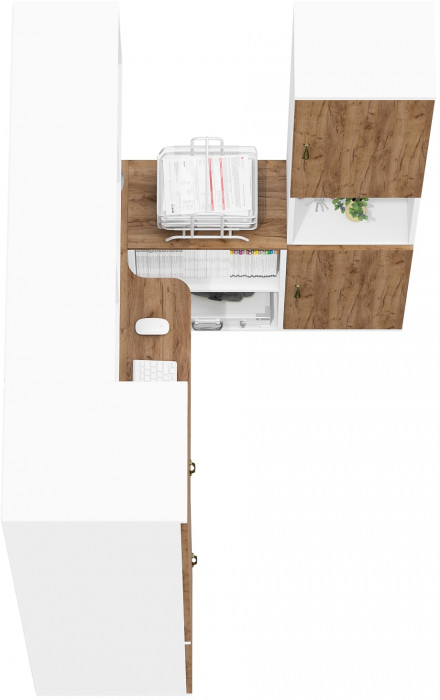 Лидер-8 Пенал МД 23Б + Стол + Полка + Пенал, цвет белый шагрень/крафт золото, ШхГхВ 245х50х75/190 или 155х120/50х75/190 см., НЕ универсальная сборка