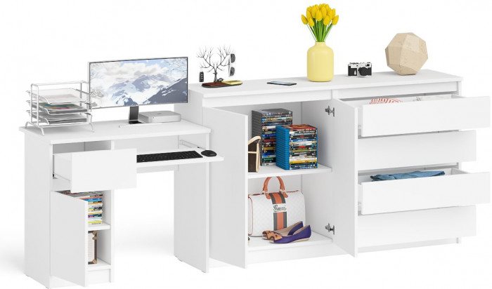 Мори компьютерный стол МС-1 левый + Комод МК1600.1, белый