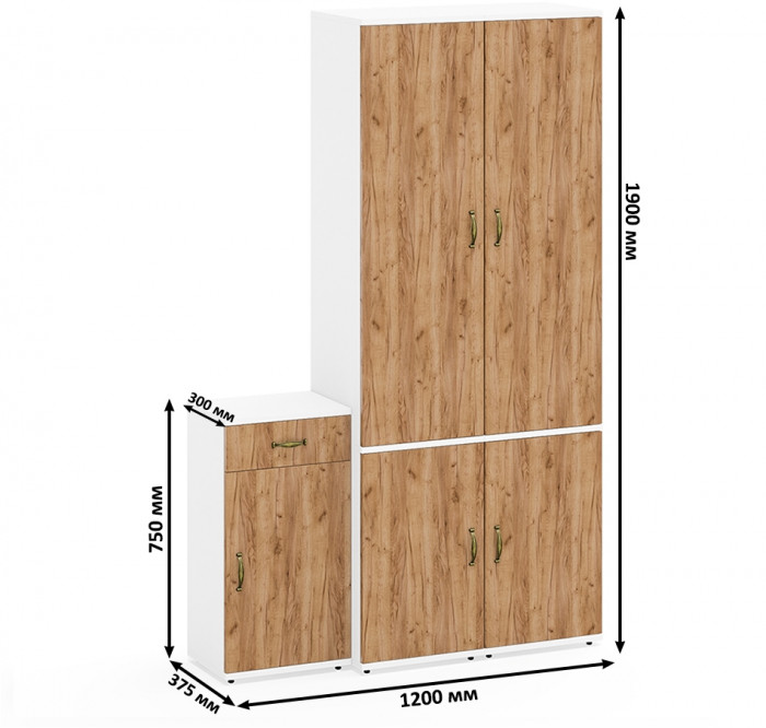 Лидер-8 Пенал МД 21Б + Пенал МД 21Б + Тумба МД 3.15, цвет белый шагрень/крафт золото, ШхГхВ 120х37,5х190 см., универсальная сборка