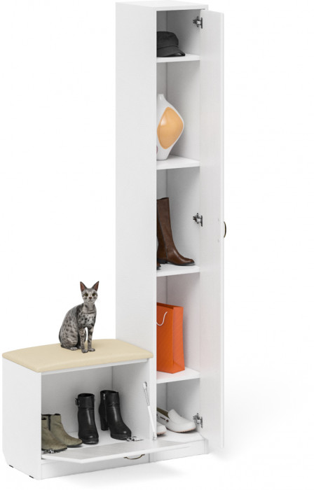 Прихожая П-6 Компоновка № 19, цвет белая шагрень/фасады МДФ белое дерево фрезеровка ромб, ШхГхВ 90х35х210 см., универсальная сборка