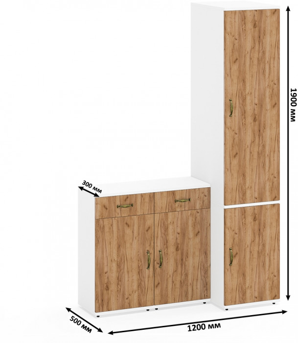 Лидер-8 Пенал МД 23Б + Тумба МД 3.15 + Тумба МД 3.15, цвет белый шагрень/крафт золото, ШхГхВ 120х50х190 см., универсальная сборка