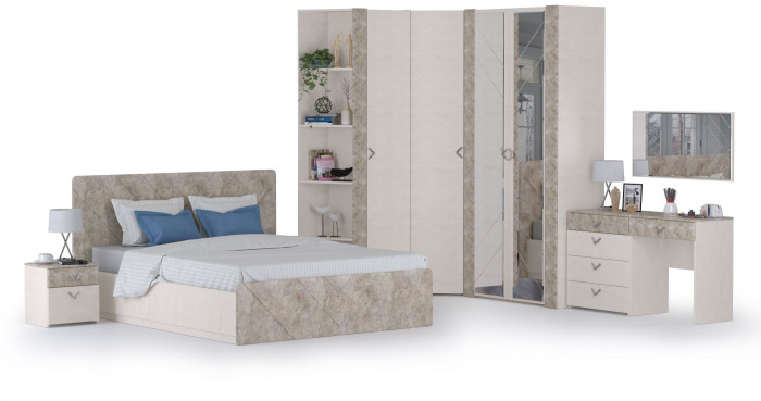 Амели Спальня № 7 13.106 + 12.48 + 03.240 + Шкафы 08.49 + 13.133 + 13.131 + 13.140 + Кровать 11.31 + под. ортопед + Тумбочка, 1600х2000 мм, б/м