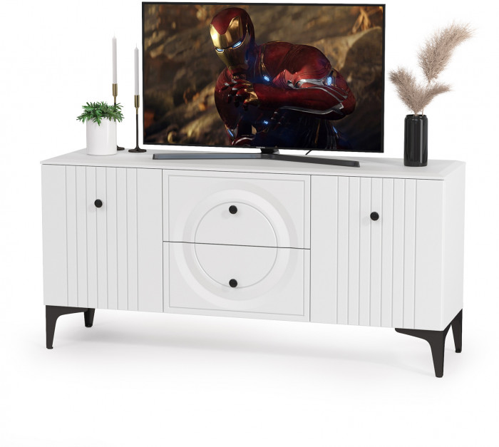 Валенсия Гостиная 16.45 Тумба под ТВ, цвет ЛДСП белый шагрень/МДФ белый шагрень, ШхГхВ 133,1х38,3х63,7 см.