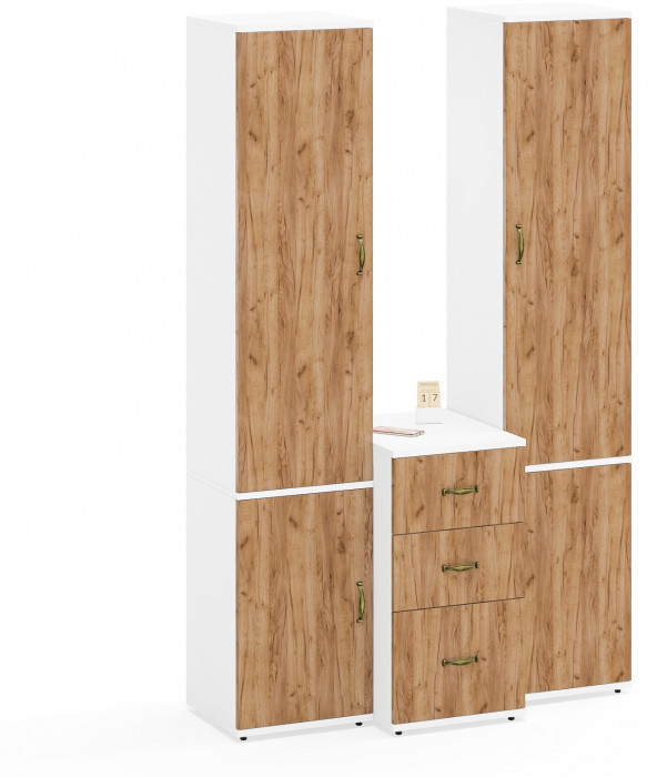 Лидер-8 Пенал МД 21Б + Пенал МД 21Б + Тумба МД 3.16, цвет белый шагрень/крафт золото, ШхГхВ 120х50х190 см., универсальная сборка