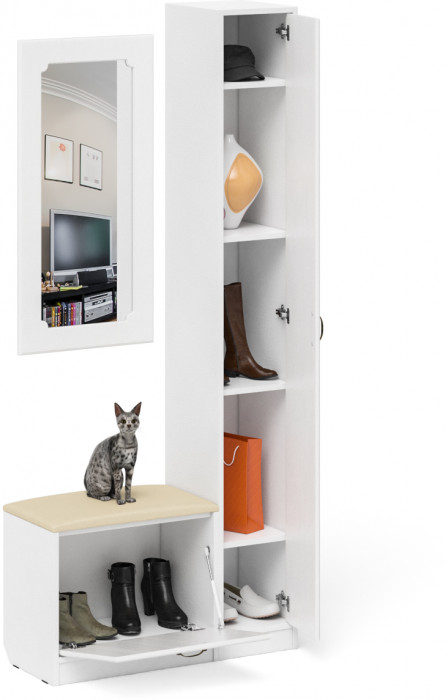 Прихожая П-6 Компоновка № 20, цвет белая шагрень/фасады МДФ белое дерево фрезеровка ромб, ШхГхВ 90х35х210 см., универсальная сборка