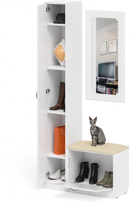 Прихожая П-6 Компоновка № 20, цвет белая шагрень/фасады МДФ белое дерево фрезеровка ромб, ШхГхВ 90х35х210 см., универсальная сборка