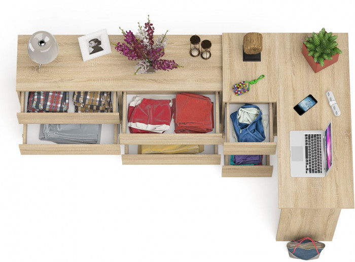 Мори Стол компьютерный МС-16 левый + Комод МК1380.6, цвет дуб сонома, ШхГхВ 262,4х84,9х76,6 см., выдвижные ящики слева, НЕ универсальная сборка