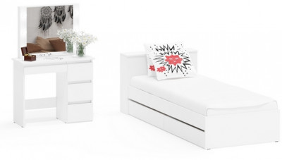 Ксения Кровать с ящиками 0900 + Стол косметический с подсветкой Сура, белый