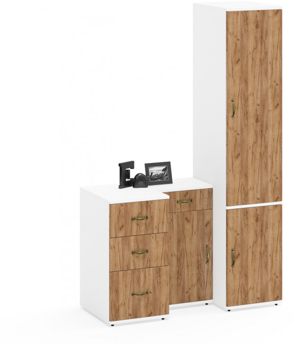 Лидер-8 Пенал МД 23Б + Тумба МД 3.15 + Тумба МД 3.16, цвет белый шагрень/крафт золото, ШхГхВ 120х50х190 см., универсальная сборка