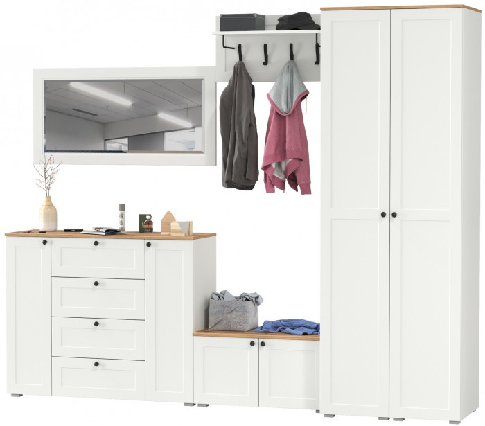 Остин Прихожая 52, цвет белый шагрень/дуб крафт золотой, ШхГхВ 280х54,3х229,6 см., универсальная сборка