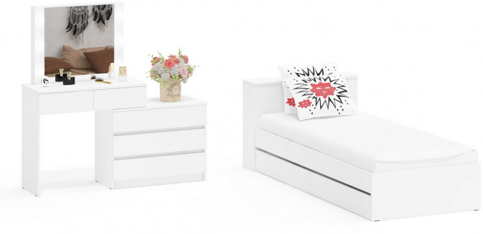 Ксения Кровать с ящиками 0900 + Стол косметический с подсветкой 110, белый