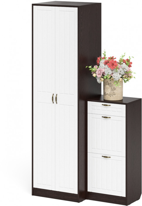 Прихожая П-6 Компоновка № 16, цвет венге/фасады МДФ белое дерево фрезеровка прованс, ШхГхВ 110х50х210 см., универсальная сборка