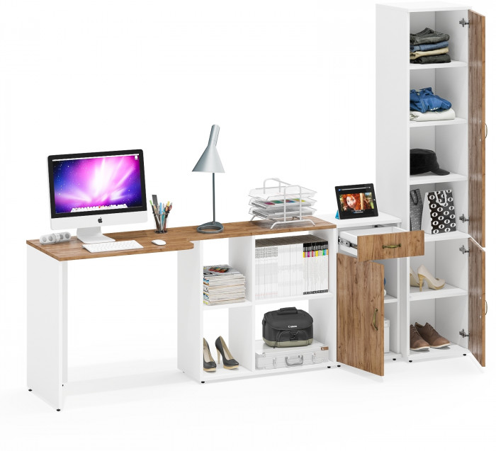 Лидер-8 Стол + Тумба МД 3.15 + Пенал МД 22Б, белый шагрень/крафт золото