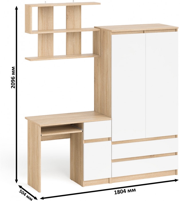 Мори компьютерный стол МС-1 правый + Шкаф МШ900.1 + Полка 900, дуб сонома/белый