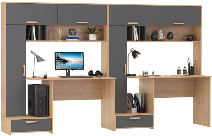 Лайт Стол письменный 03.243Н + Лайт Стол письменный 03.243Н, цвет гикори рокфорд натуральный/тёмно-серый, ШхГхВ 300,4х57,3х179,9 см., НЕ ун. сборка