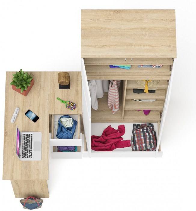 Мори Стол компьютерный МС-16 правый + Шкаф МШ900.1 + Антресоль МА900.1, цвет дуб сонома/белый, ШхГхВ 214,8х84,9х234,2 см., выд. ящ. справа, НЕ ун. сб.