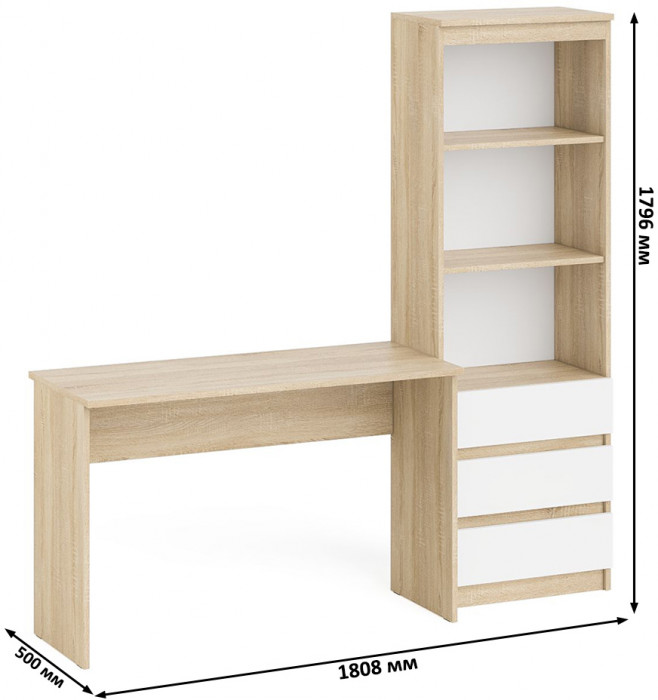 Мори Стол письменный МСП1200.1 + Стеллаж МСТ600.3, цвет дуб сонома/белый, ШхГхВ 180,8х50х179,6 см., универсальная сборка